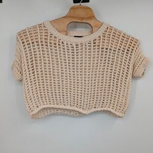 Miou Muse Crochet Knit Cropped Short Sleeve Shirt Sweater‎ Cream Women's sz S